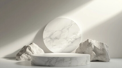 Poster - Marble podium with rocks and circle backdrop in a bright white studio product display setting scene