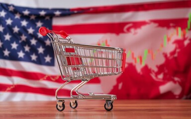 Aufkleber - A shopping cart sits against an American flag and an abstract chart, hinting at economic activity and trade. This symbolizes consumerism within a national financial context.