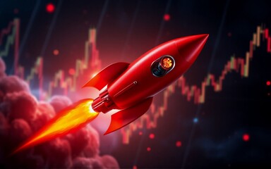 Aufkleber - Red rocket ascends, leaving fiery trail against a backdrop of fluctuating financial data. Hints: Stock market, finance, growth, success, volatility.