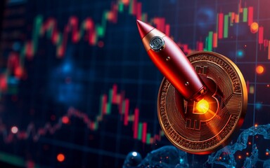 Aufkleber - A rocket ascends from a coin, symbolizing financial growth. A background of market charts implies trading and value. The rocket's path reflects increasing investments.