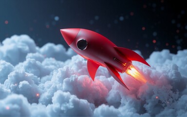 Aufkleber - A bright red rocket blasts off. The vehicle is above a field of clouds at night. Hints of smoke trail behind as the ship moves forward. Flames emit from engine.