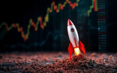 Poster - Here's the response:

A small rocket blasts off from soil against a backdrop of a stock market chart, symbolizing growth, investment, and success. The visual suggests financial upward trajectory.