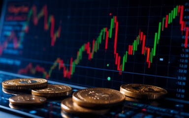 Fototapete - Depicting financial market activity with a screen displaying fluctuating charts and coins in the foreground. Hints of red and green highlight rising and falling trends representing gains and losses.