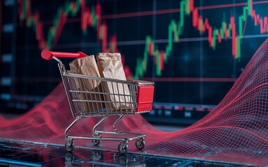 Aufkleber - A miniature shopping cart with paper bags sits on a reflective surface. A colorful financial graph forms a background, indicating trading or market fluctuations. The image suggests market shopping.