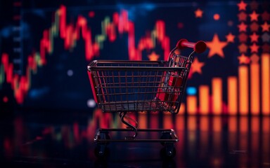 Poster - A small shopping cart sits before a dark chart displaying financial data. The background, with hints of orange and red, symbolizes market trends.