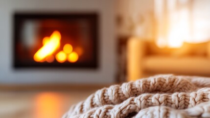 Poster - A soft knitted throw rests on a wooden chair, inviting relaxation by a flickering fireplace, providing warmth and comfort in a serene setting
