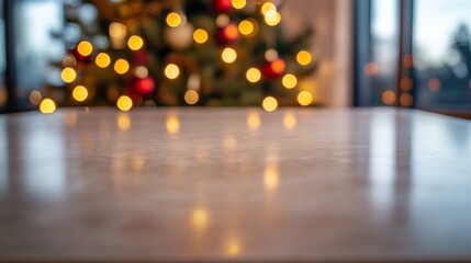Aufkleber - A close-up shows a polished marble countertop with a glowing Christmas tree draped in warm lights and red ornaments in the background