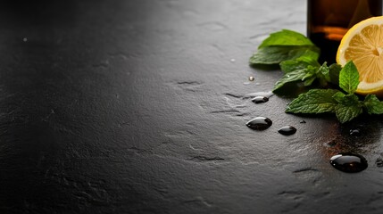 Poster - Moisture-rich essential oil drops land gently on a smooth slate surface, framed with fresh mint leaves and a slice of lemon for a refreshing vibe