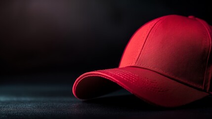 Poster - A red baseball cap stands out against a dark background, illuminated by soft lighting that enhances its professional look for branding
