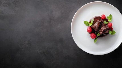Poster - Indulge in a decadent chocolate mousse topped with vibrant raspberries and mint, elegantly presented in a pristine dish on a dark background
