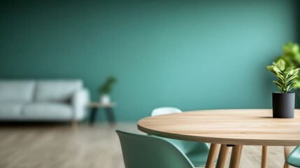 Poster - The Scandinavian-style dining area features mint green chairs and a round wooden table, complemented by a soft green wall and minimalist sofa in an inviting layout
