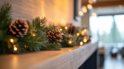 Aufkleber - A beautifully arranged pine garland with pinecones and twinkling lights adorns a wooden mantelpiece, creating a warm and inviting atmosphere for winter gatherings