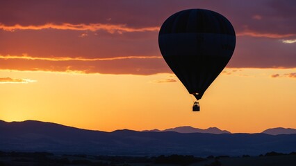 Wall Mural - hot air balloon floating above serene landscape during stunning sunset with warm colors in the sky a