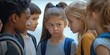 © Luisa - A group of children are standing in a circle, one of them is wearing a backpack. Scene is tense and serious, as the children seem to be in the middle of a conflict