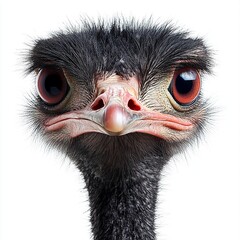 a close-up portrait of an ostrich with expressive features.