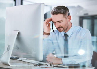 Poster - Call center, stress and businessman with headache in office for telecom mistake, consulting or burnout. Desk, mature agent and frustrated in pain by monitor for customer service, complaint or fatigue