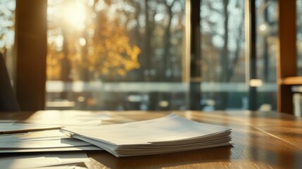 Fototapete - Light-filled office features floor-to-ceiling windows and minimalist design, with scattered papers on a wooden desk and natural beauty visible outside