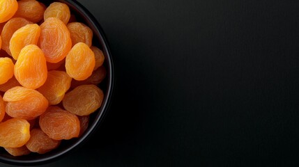 Poster - Top view showcases dried apricots arranged in a black bowl, accentuating their vibrant color and texture, ideal for promoting healthy eating options