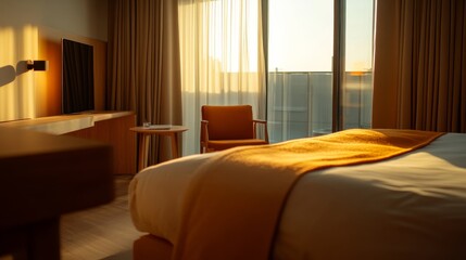 Aufkleber - Warm ambient light fills a modern bedroom featuring natural wood furniture and a soft throw blanket, creating a cozy and inviting space by the window