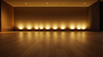 Leinwandbilder - Dark walls and wooden floors define this elegant room, softly illuminated to evoke a mysterious and minimalist ambiance perfect for various settings