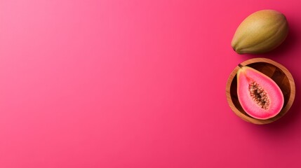 Poster - Fresh pink guava sits in a wooden bowl with a half slice revealing its bright pink flesh, creating a tropical feel and inviting the viewer to indulge