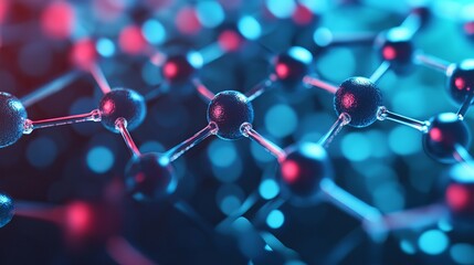 Abstract molecular structure with blue and red lights creating a science technology background