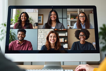 Wall Mural - virtual team meeting: african american staff members collaborating on computer screen