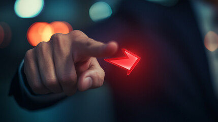 Poster - A person pointing at a glowing red arrow with a blurry background in a dark setting at night
