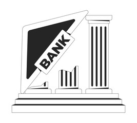 Poster - collapsing bank structure with tilted sign, broken pillars 2d line object. economic failure. falling