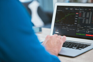 Aufkleber - Man, hands and laptop or trading on stock market, fintech and analyse growth graphs for investment. Investor, blockchain and statistics or currency conversion, financial app and business screen