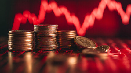 Poster - Stacks of coins with a red downward trending line graph in the background indicating loss