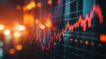 Poster - Red stock market chart on a screen with bokeh lights in the background showing financial analysis