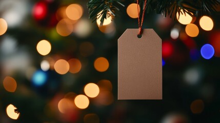 Aufkleber - An empty paper tag in elegant script is hung from a festive Christmas tree branch surrounded by vibrant ornaments and sparkling lights, evoking a cozy holiday feel