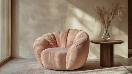 Poster - A soft pink armchair invites relaxation beside a sleek wooden table in a minimalist space. Sunlight filters in, illuminating the cozy corner with elegance and warmth, perfect for quiet moments