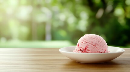 Poster - A smooth pink strawberry gelato scoop sits in a white dish, set against a softly blurred green background that enhances its vibrant color and freshness