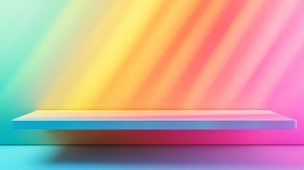 Poster - A simple display shelf against a backdrop of pastel colors and soft light rays in a studio setting