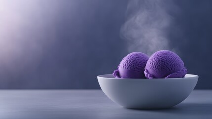 Poster - Two rich purple scoops of ube ice cream rest in a white bowl, with gentle steam indicating freshness against a clean background