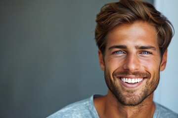 Poster - Young man exuding confidence with a radiant smile and twinkling eyes.