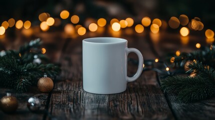 Poster - A plain white tea mug rests on a rustic wooden table, surrounded by pine branches and ornaments, with twinkling holiday lights adding a cozy touch