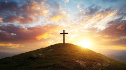 Poster - A wooden cross stands prominently on a grassy hill as sunlight filters through clouds, creating a tranquil atmosphere during a serene moment of reflection