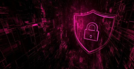 Poster - A pink background with a glowing red and white lock. e background with a digital security concept.