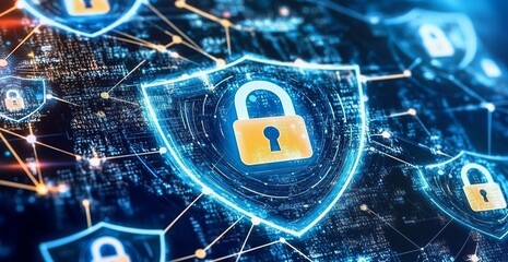 Poster - A blue and orange image of a lock with a key on it. e background with a digital security concept.