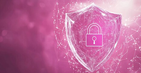 Poster - A pink background with a security shield with a key on it. e background with a digital security concept.