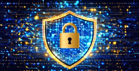 Poster - A golden lock is displayed on a blue background. e background with a digital security concept.