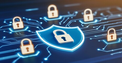 Poster - A blue shield with five locks on it. e background with a digital security concept.