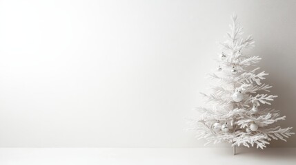 Aufkleber - A white Christmas tree decorated with silver ornaments and snowflakes stands against a clean white background, offering ample space for seasonal messages and designs
