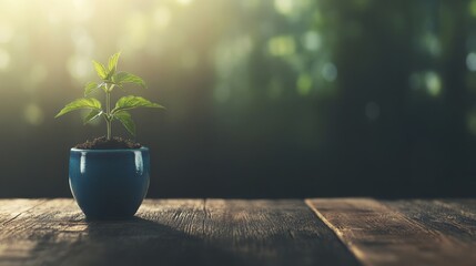Poster - Soft sunlight fills a cozy space where a green plant thrives in a blue ceramic pot on a rustic table. The warm atmosphere invites relaxation and tranquility