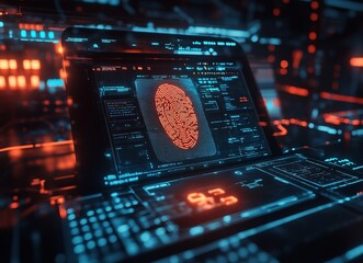 Aufkleber - A computer screen shows a red fingerprint on a blue screen. e background with a digital security concept.