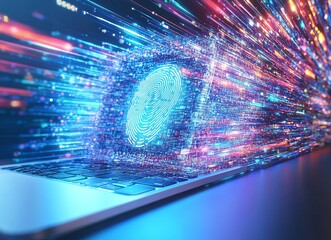 Aufkleber - A computer screen shows a fingerprint on a laptop. e background with a digital security concept.
