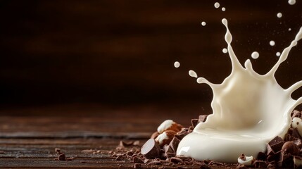 Poster - A single splash of milk freezes mid-air, showcasing creamy textures against a dark chocolate backdrop, with ample copy space available for text